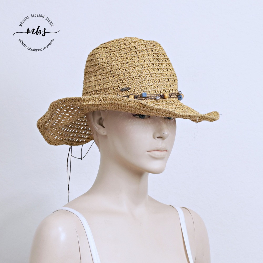 Scala Paper Braid Sun Hat Beaded Trim Shapeable Brim Straw Tan Women One Size